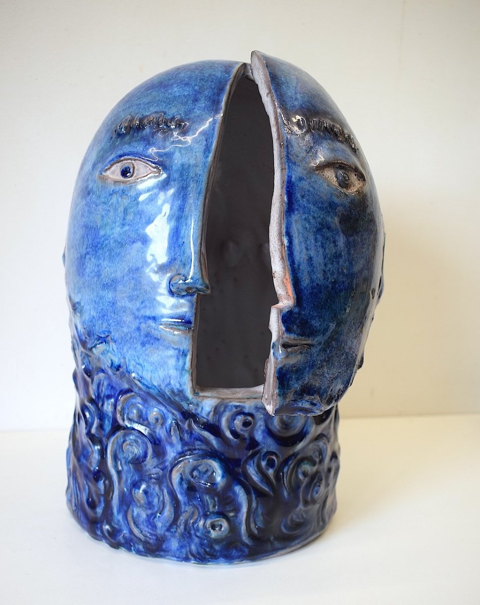 Jean And Robert Cloutier Sculpture Head Man Ceramic Box Removable Door Ref 702-photo-4