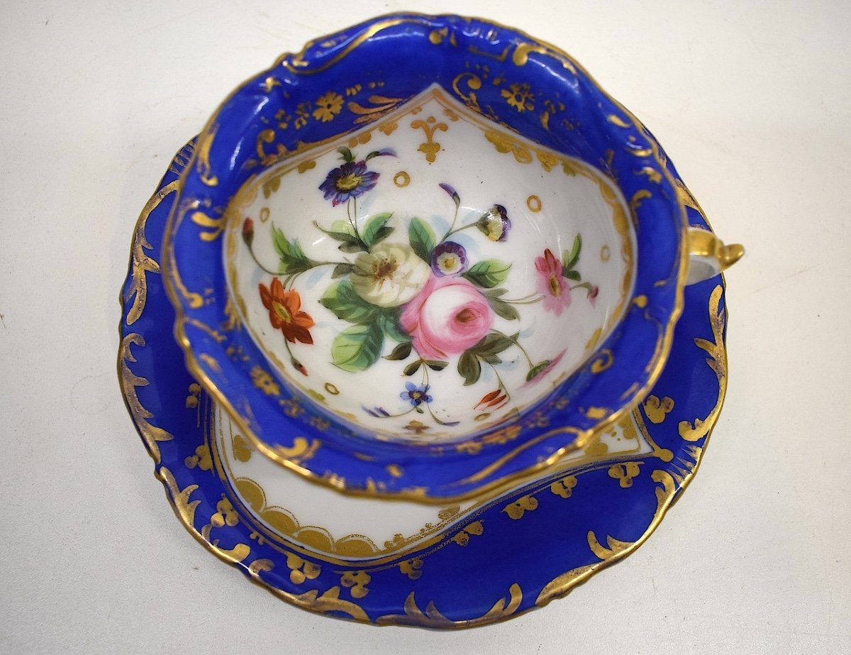 Tasse Sous Tasse En Porcelaine De Paris Style Rocaille à Décor  Floral  Bleu Et Or Ref703-photo-2