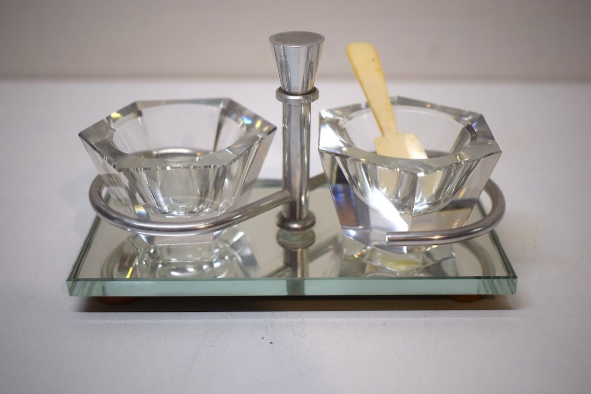 Pair Of Art Deco Salt Cellars In Crystal By Baccarat Mirror Base Year 1930 1950 Ref723 -photo-2