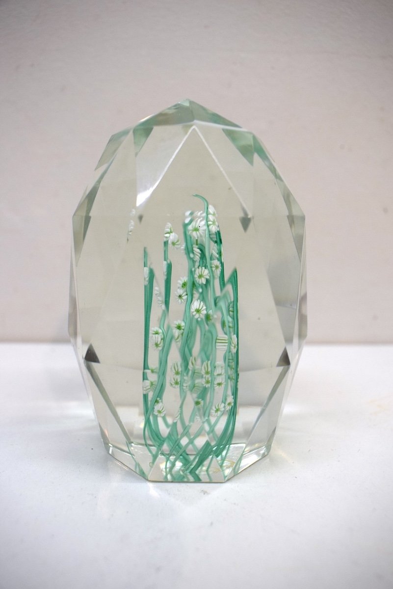 Sulphide Faceted Paperweight Murano Crystal Italy Millefiori Circa 1950 1970 Ref727-photo-2