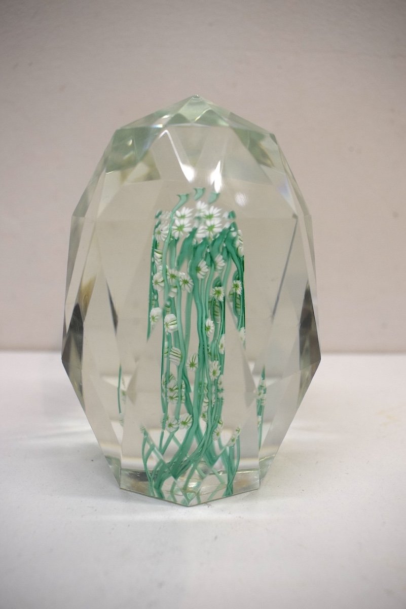 Sulphide Faceted Paperweight Murano Crystal Italy Millefiori Circa 1950 1970 Ref727-photo-6