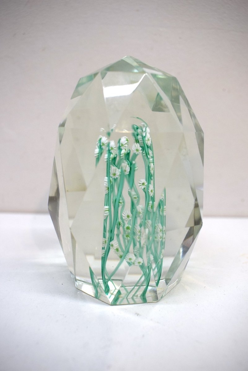 Sulphide Faceted Paperweight Murano Crystal Italy Millefiori Circa 1950 1970 Ref727