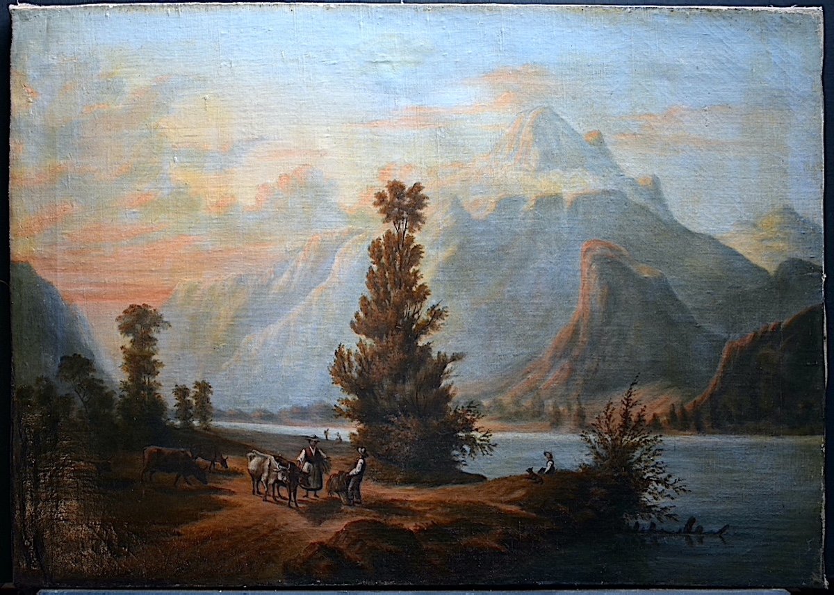 Paysage Italie Montagne Lac Scène de genre  XIX ème Alpes Suisse RT993