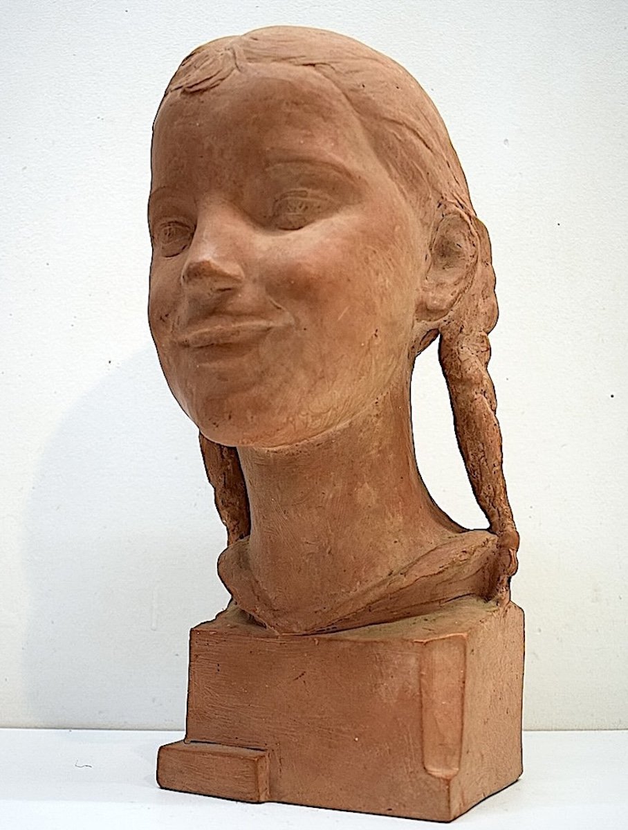 Enric Monjo Garriga Terracotta Art Deco Head Young Girl Smiling Spain Ref762