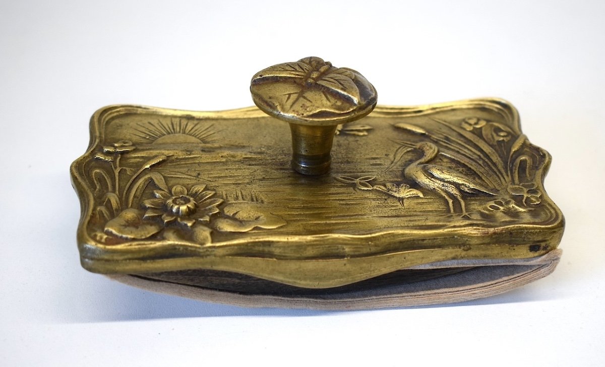 Tampon Porte Buvard Art Nouveau 1900 Bronze Animalier Héron Libellule Papillon  Ref778-photo-3