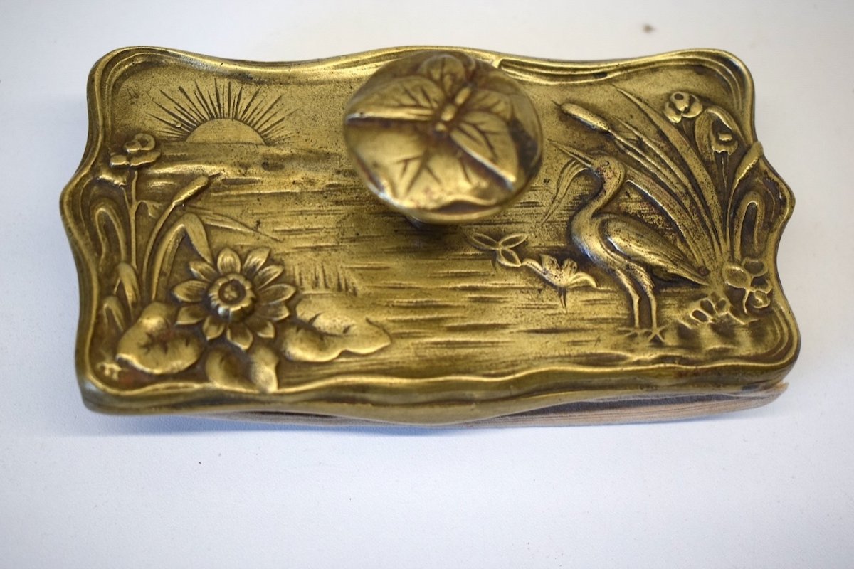 Tampon Porte Buvard Art Nouveau 1900 Bronze Animalier Héron Libellule Papillon  Ref778-photo-4