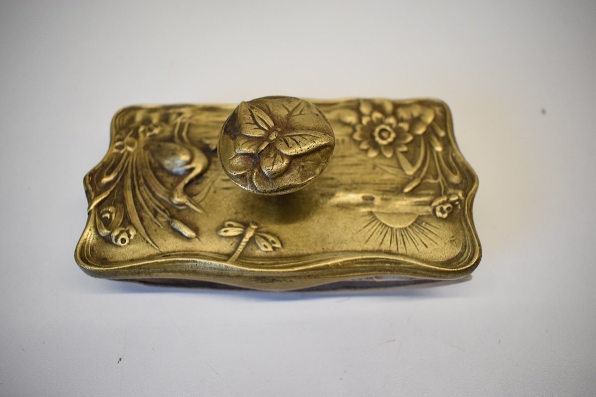 Tampon Porte Buvard Art Nouveau 1900 Bronze Animalier Héron Libellule Papillon  Ref778-photo-4