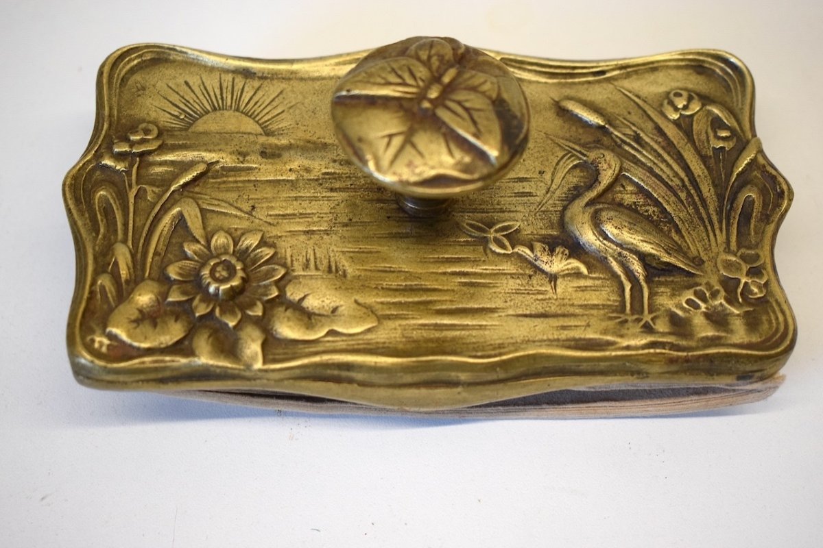 Tampon Porte Buvard Art Nouveau 1900 Bronze Animalier Héron Libellule Papillon  Ref778