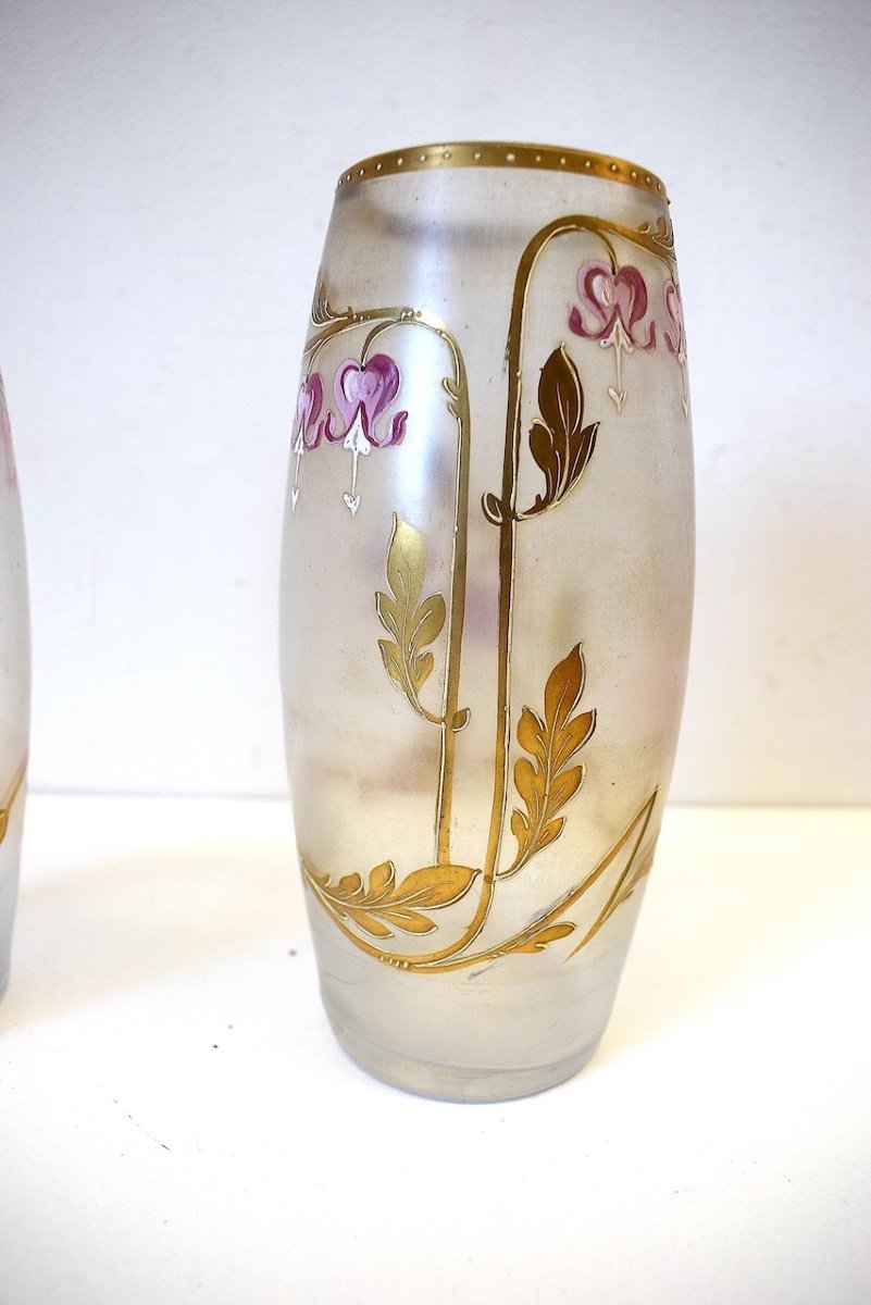 Paire De Vases Verre émaillé Art Nouveau Décor De Fleurs Monogramme E . G  Gallé Ref782-photo-1