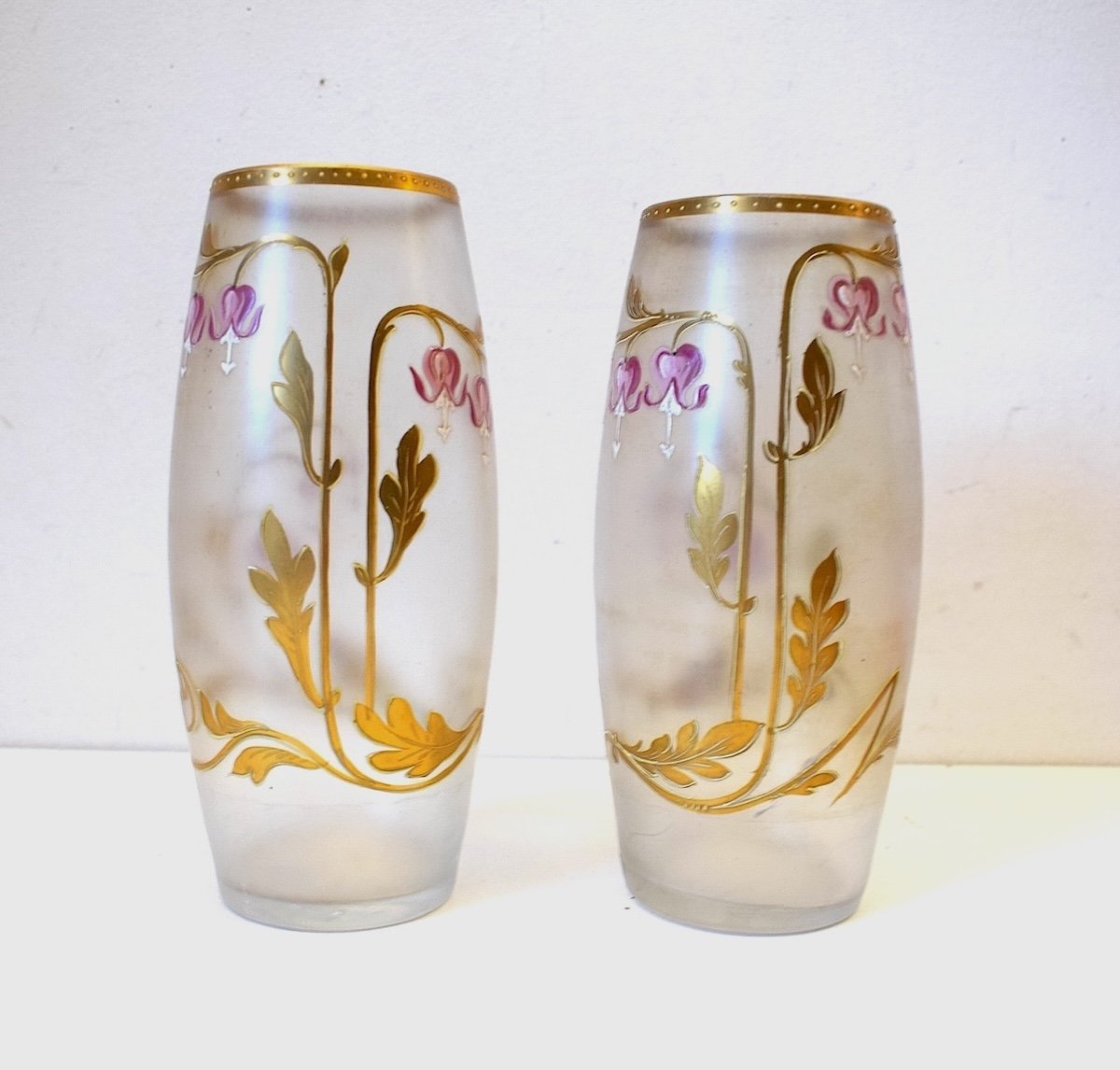 Paire De Vases Verre émaillé Art Nouveau Décor De Fleurs Monogramme E . G  Gallé Ref782