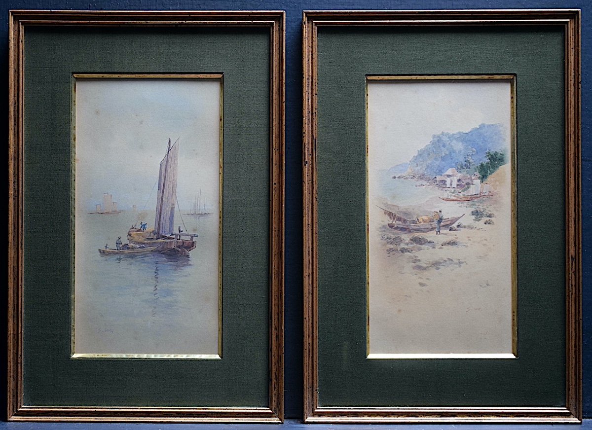 Indochine Chine Asie Monogramme  S.HM Paire Aquarelle Marine XX ème RT1168