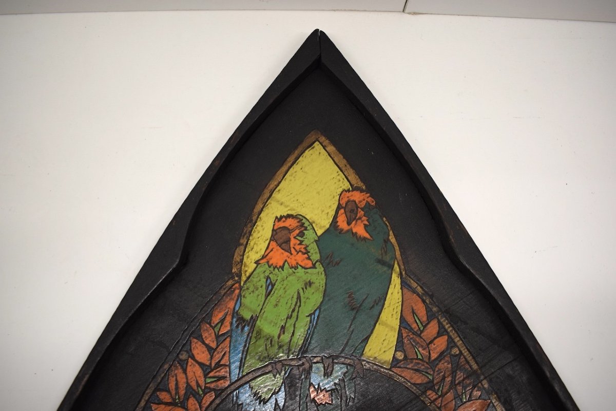 Triangular Tray With Birds Engraved Wood Painted Art Nouveau Art Deco Parakeets Ref1006 -photo-4