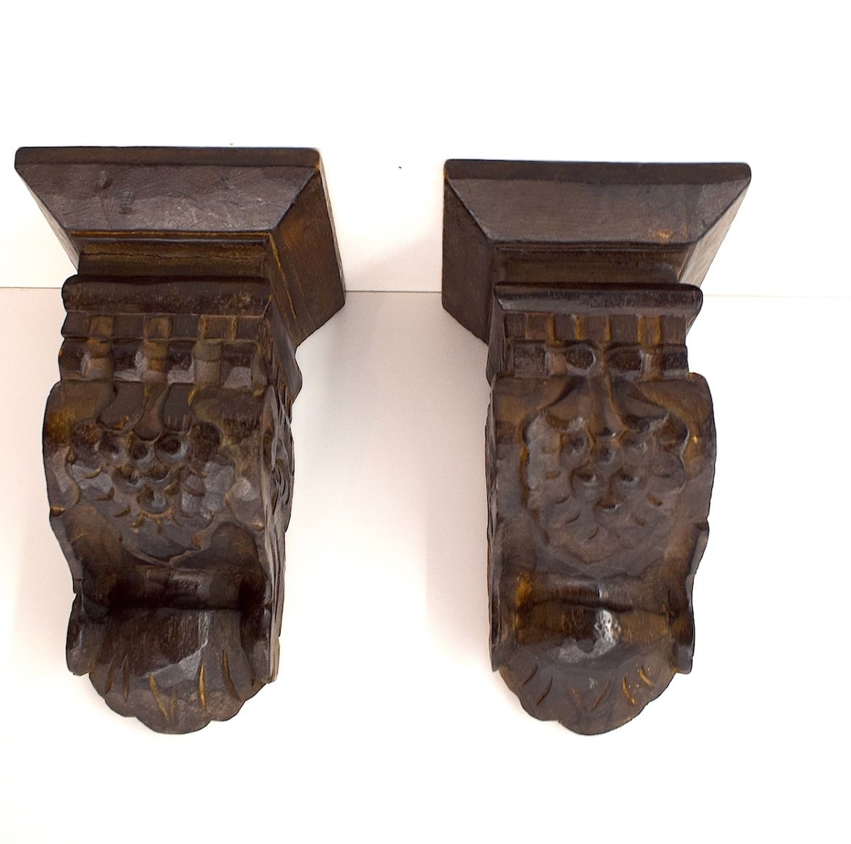 Paire De Corbeau En Bois Sculpté Décor Grappe De Raisin Ref1011 -photo-3