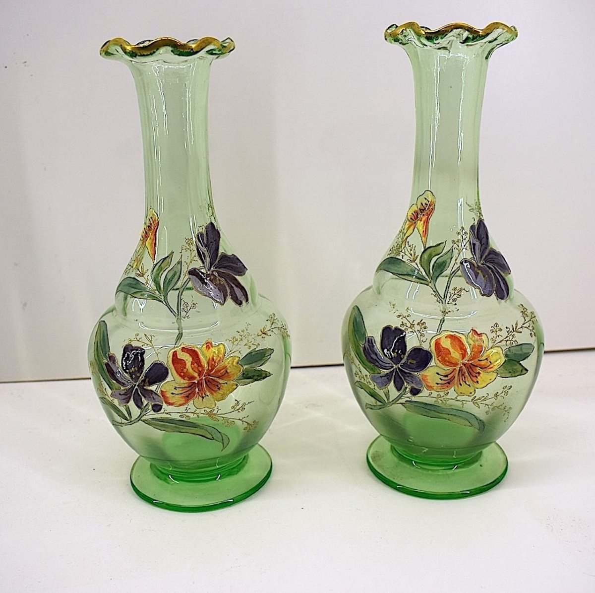 Legras Pair Of Art Nouveau Enameled Vases Verreries De Saint Denis Ref1025