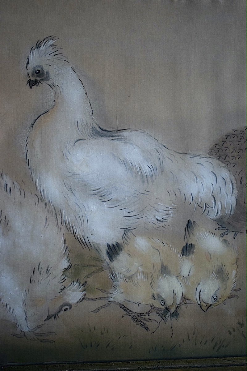 SHUNKO DESHIMA Japonais Encre Aquarelle Sur soie Poules Coq Basse-cour XX ème Siècle RT1130-photo-3