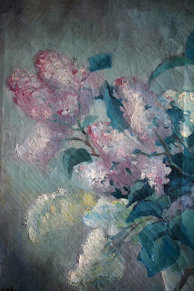 Nature Morte Bouquet de fleurs Lilas Signé fin XIX ème Autour de 1900 à Identifier RT1140-photo-3