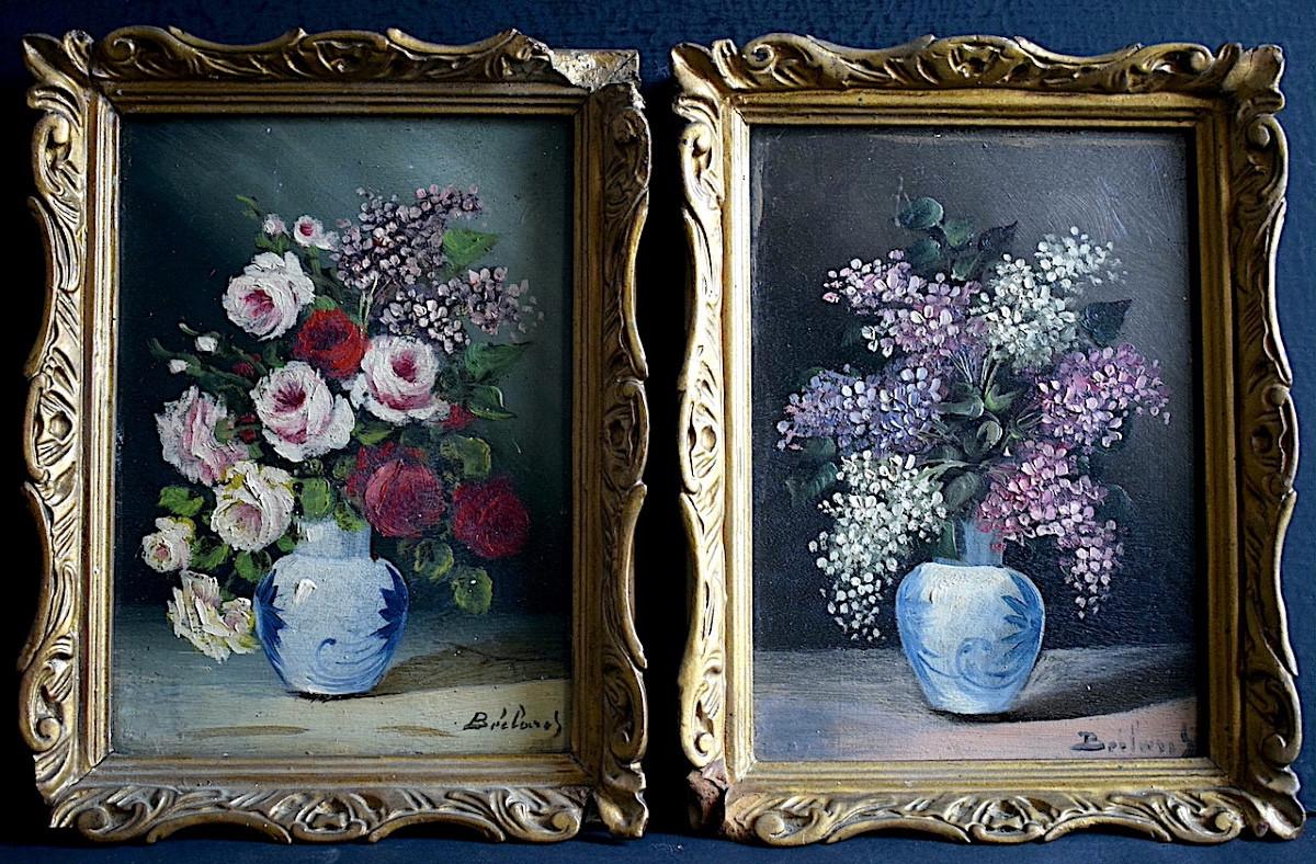 Pair Of Still Lifes Bouquets Of Pink And Lilac Flowers, Early 20th Century, Signed And Identified Rt1256