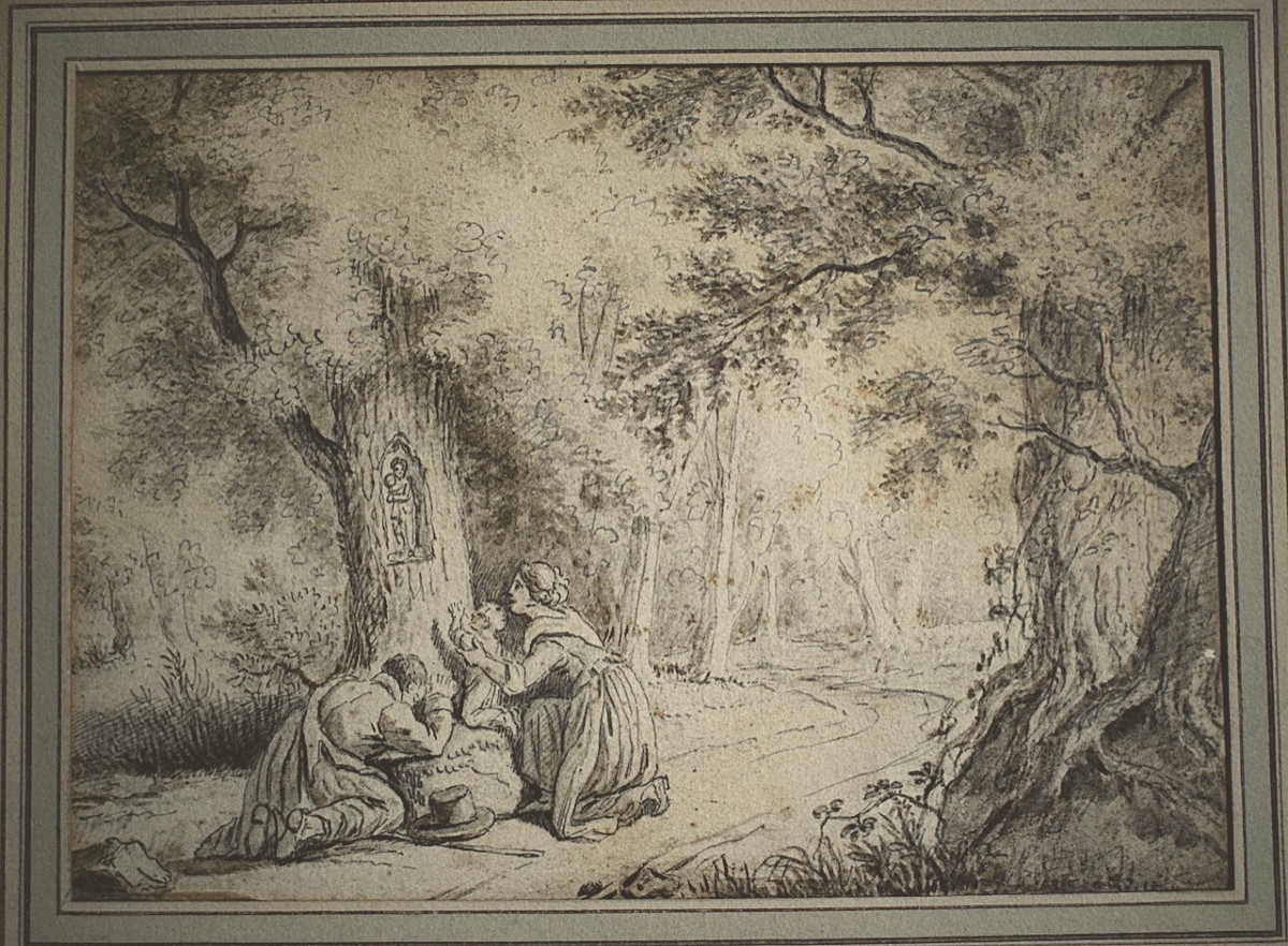 Dessin Lavis XIX ème Siècle Oratoire Vierge à l'Enfant Prière Famille RT1258-photo-2