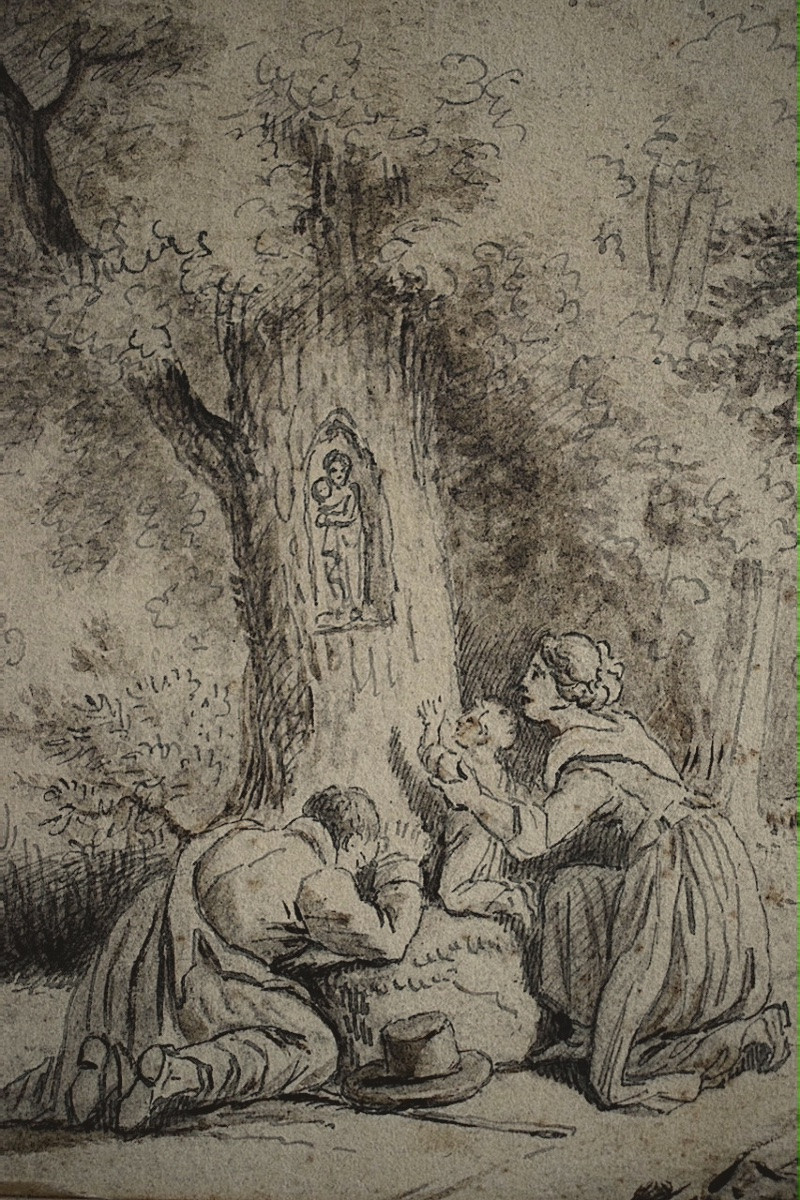 Dessin Lavis XIX ème Siècle Oratoire Vierge à l'Enfant Prière Famille RT1258-photo-3