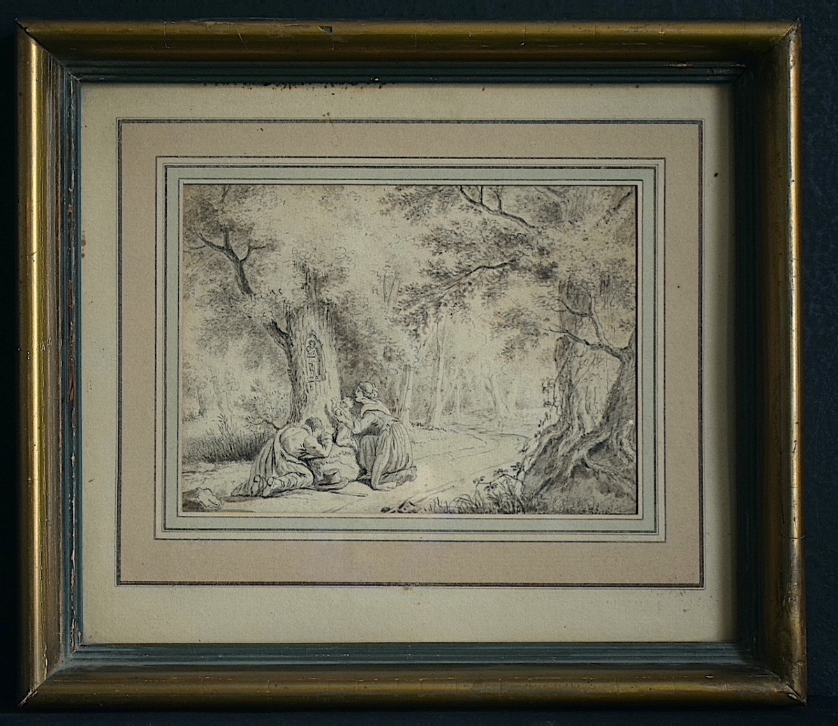 Dessin Lavis XIX ème Siècle Oratoire Vierge à l'Enfant Prière Famille RT1258-photo-4