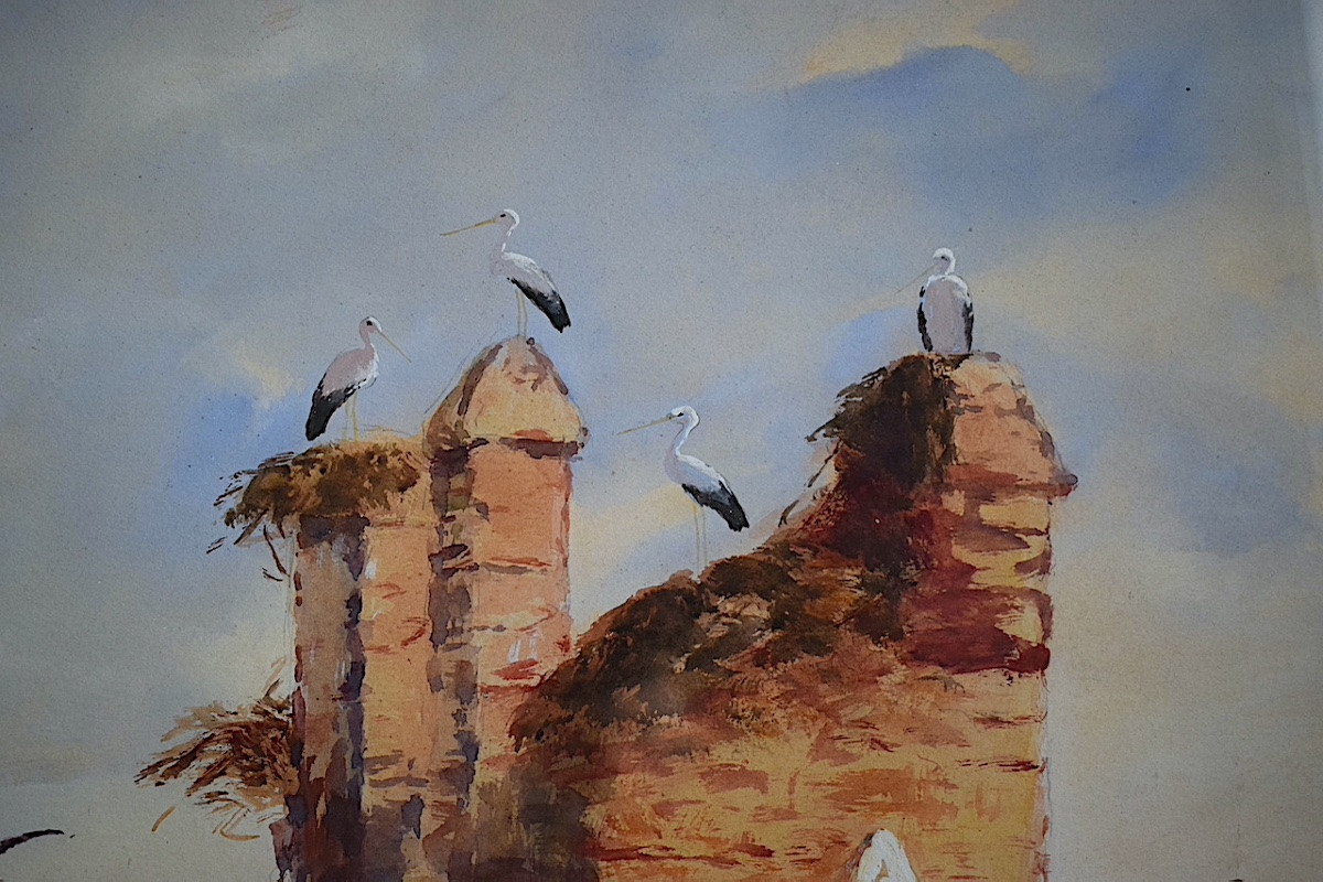 Aquarelle Orientaliste Cigognes Marrakech Maroc Signé ZM FRANÇOIS XX ème RT1259-photo-3