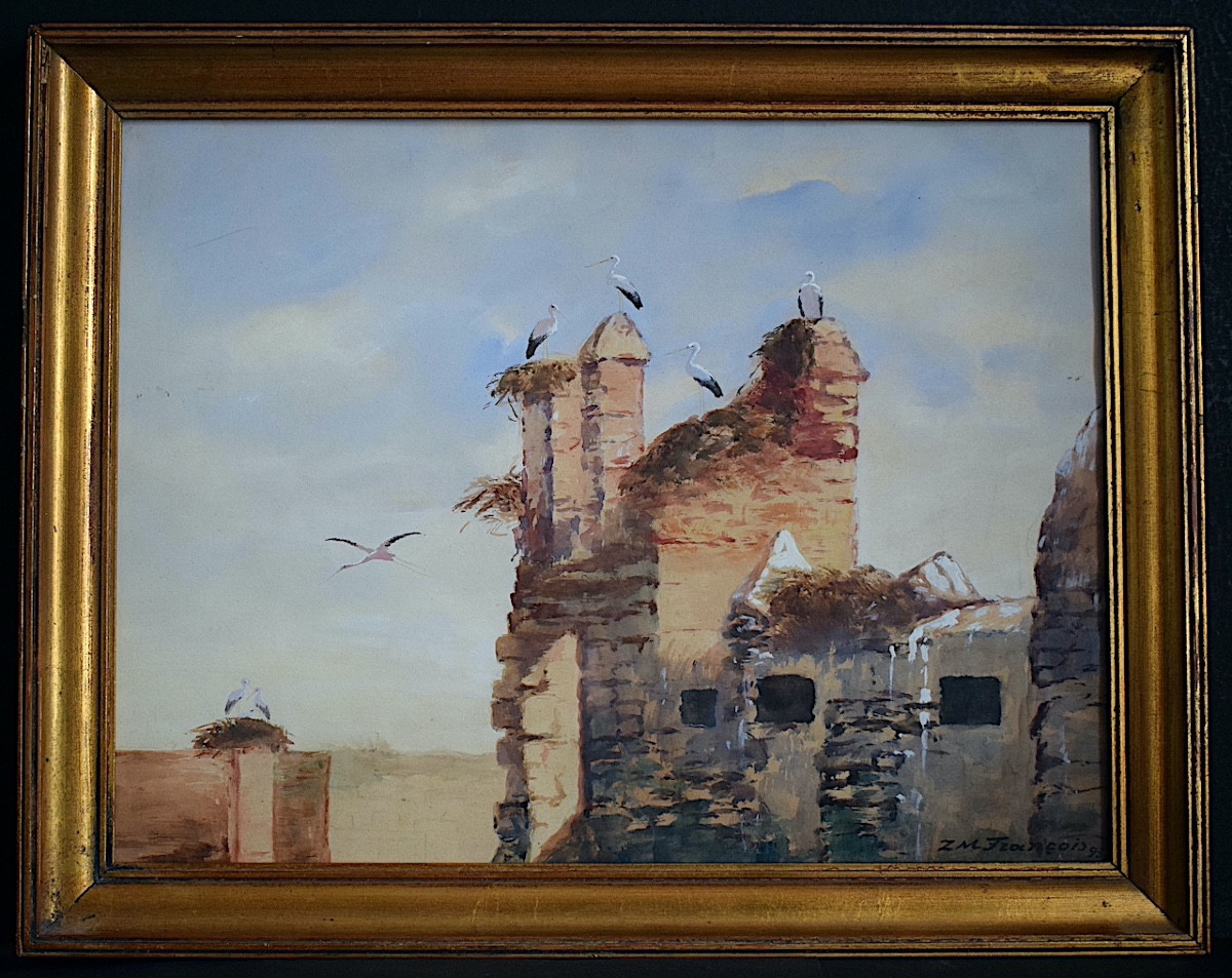 Aquarelle Orientaliste Cigognes Marrakech Maroc Signé ZM FRANÇOIS XX ème RT1259