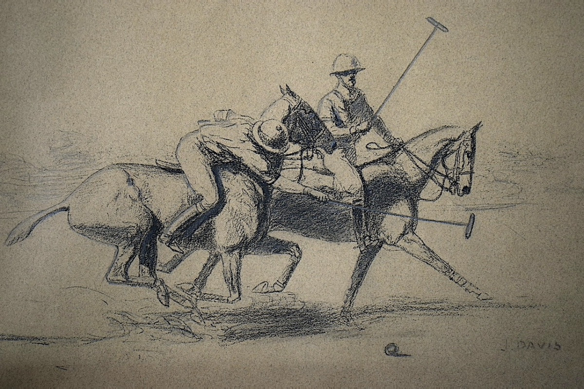 Dessin Sport Polo Chevaux Signé J DAVIS Angleterre Royaume Uni RT1264-photo-2