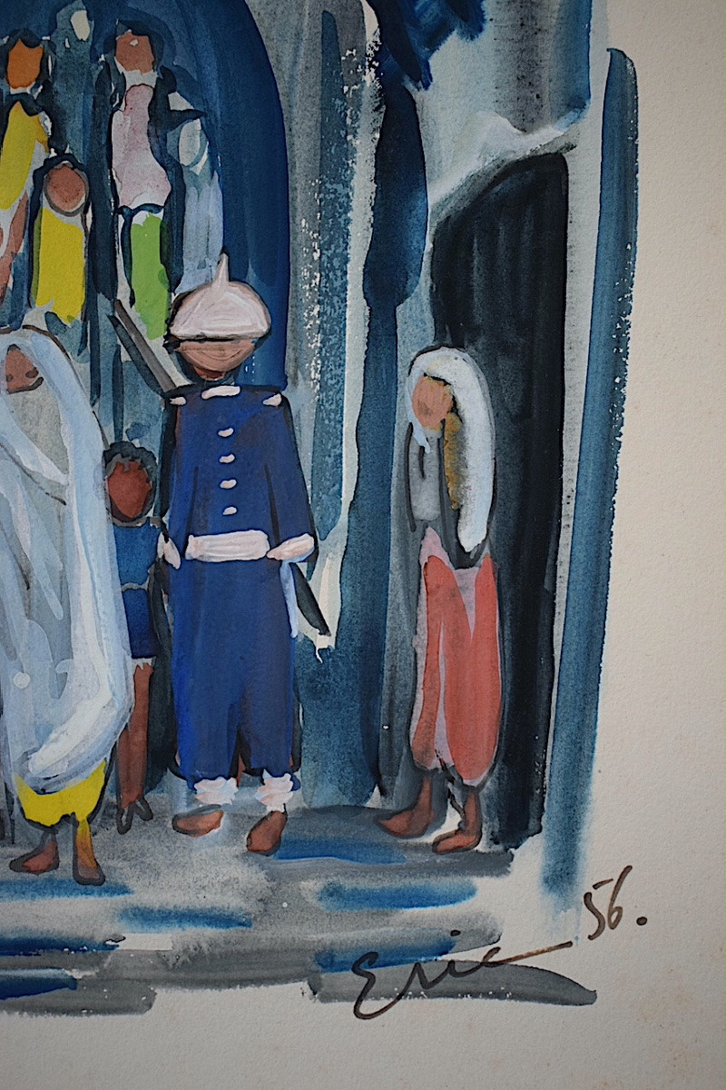 Aquarelle orientaliste scène de rue signé ERIC daté 56 XX ème siècle RT1272-photo-4