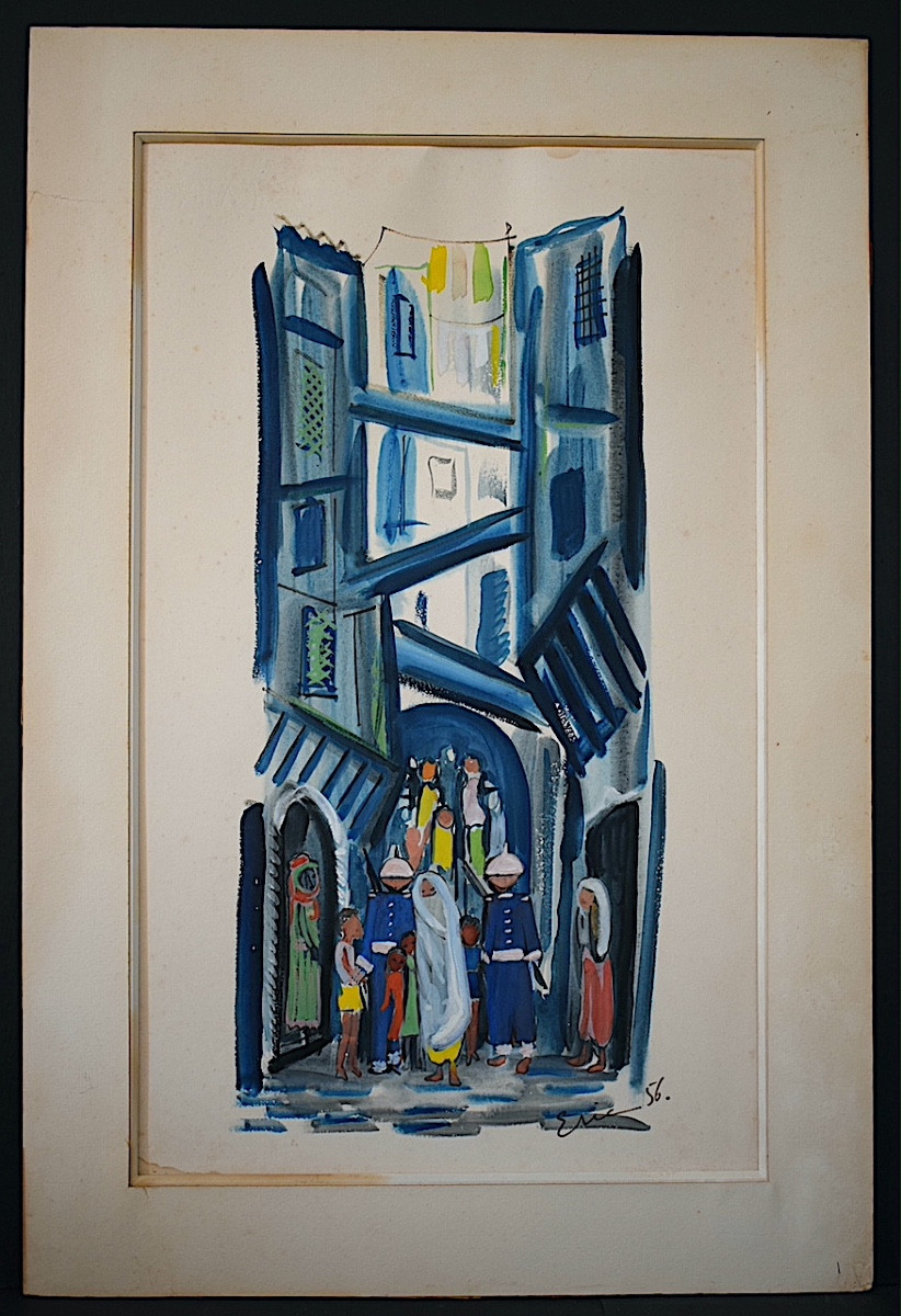 Aquarelle orientaliste scène de rue signé ERIC daté 56 XX ème siècle RT1272