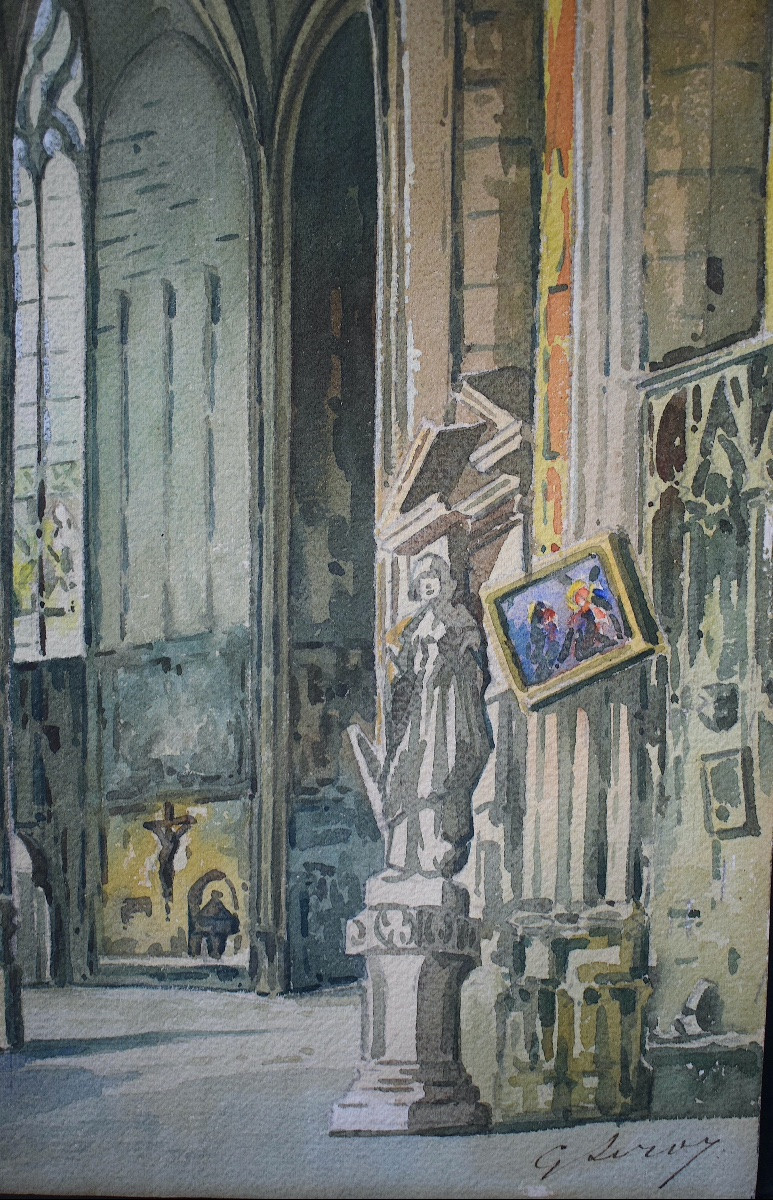 Watercolor Signed G Leroy Interior Of Church 20th Century Rt1273-photo-2