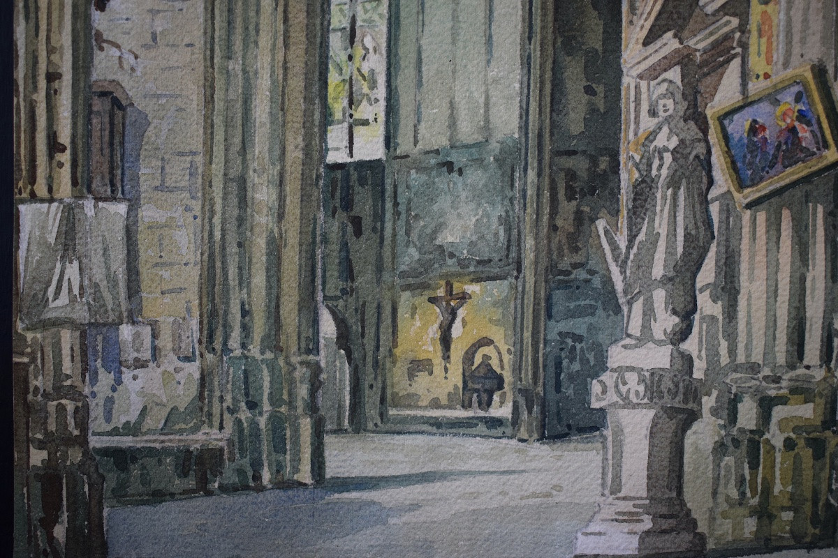 Watercolor Signed G Leroy Interior Of Church 20th Century Rt1273-photo-3