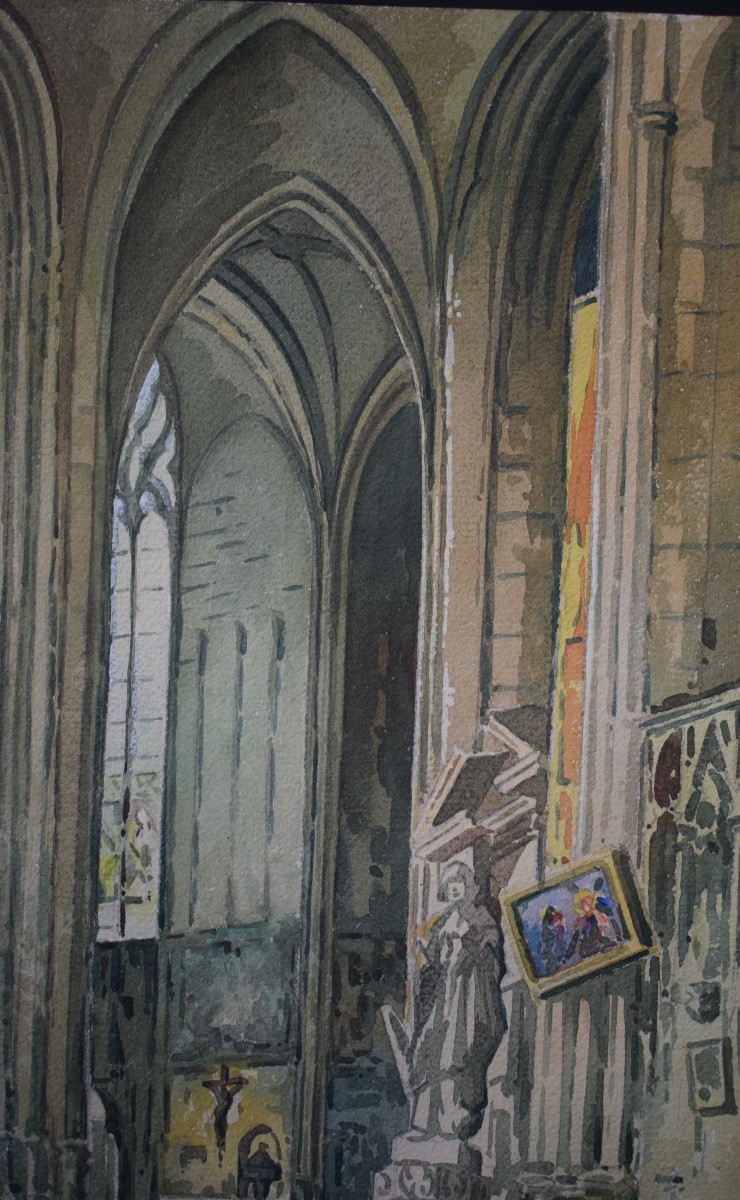 Watercolor Signed G Leroy Interior Of Church 20th Century Rt1273-photo-4