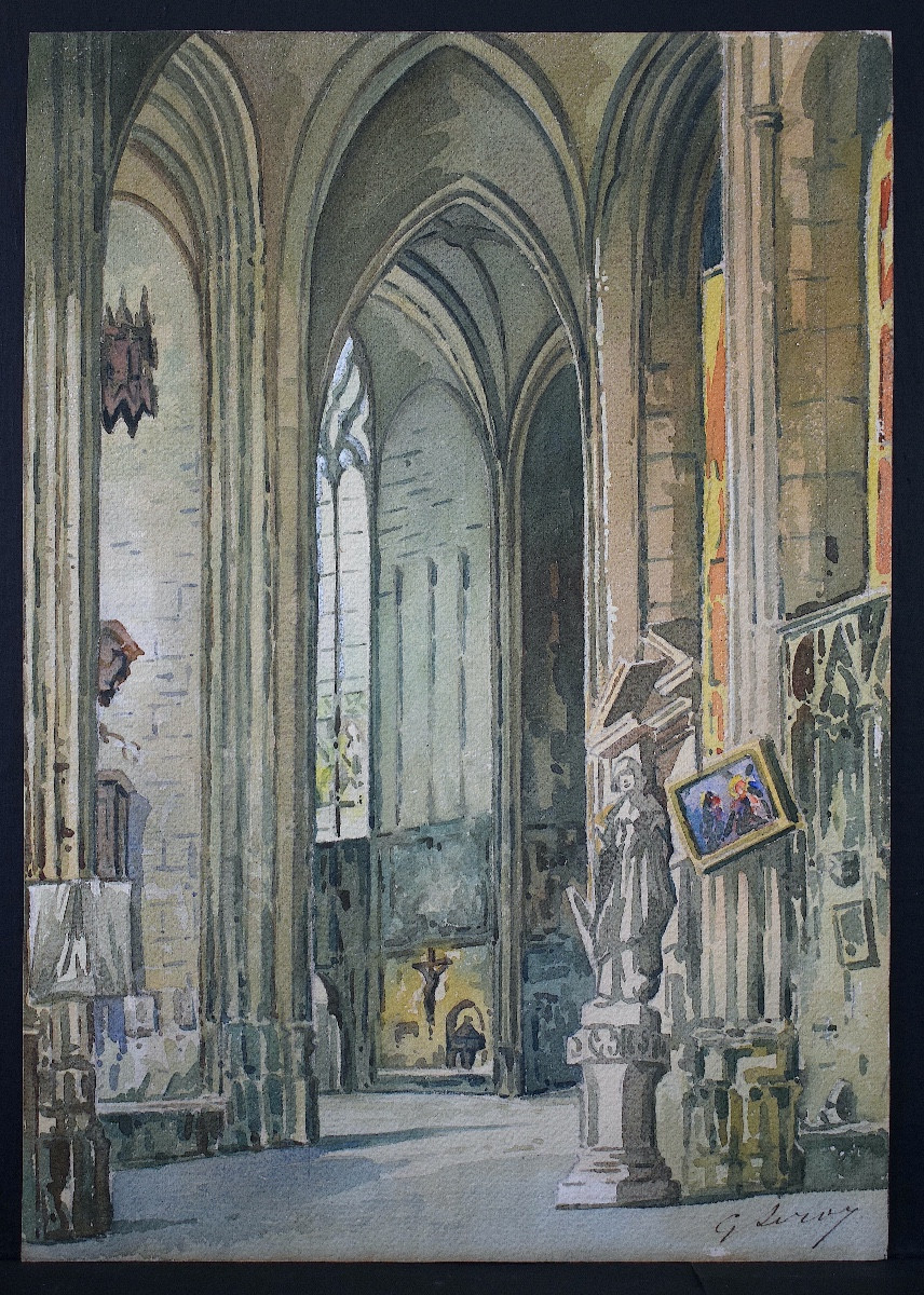 Watercolor Signed G Leroy Interior Of Church 20th Century Rt1273