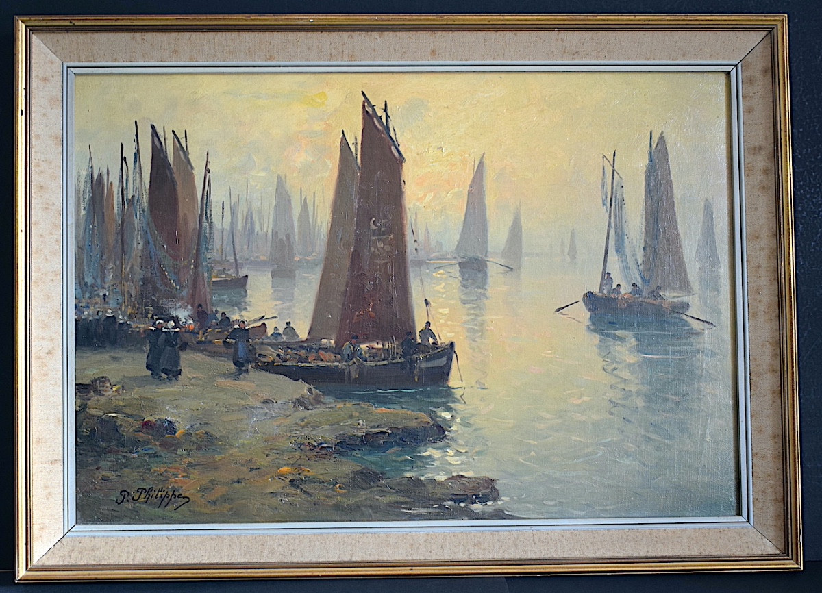 Paul Philippe Brittany Marine Animated Port Scene Fishing Fishermen Breton Port XIX XX R1281