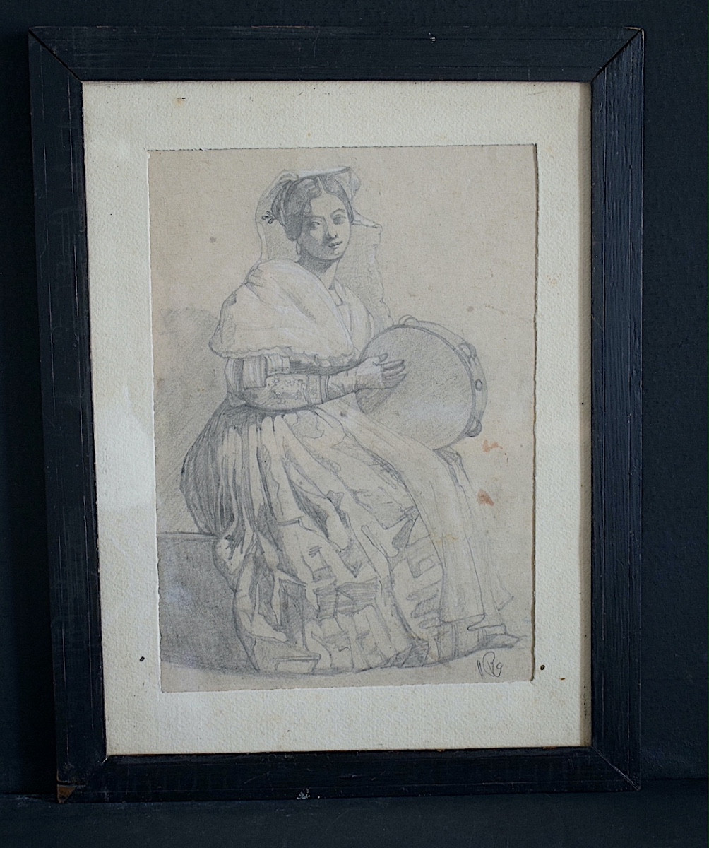 Arlesian Drawing With Tambourine Provence 19th Century Monogram To Identify Rt1297-photo-4
