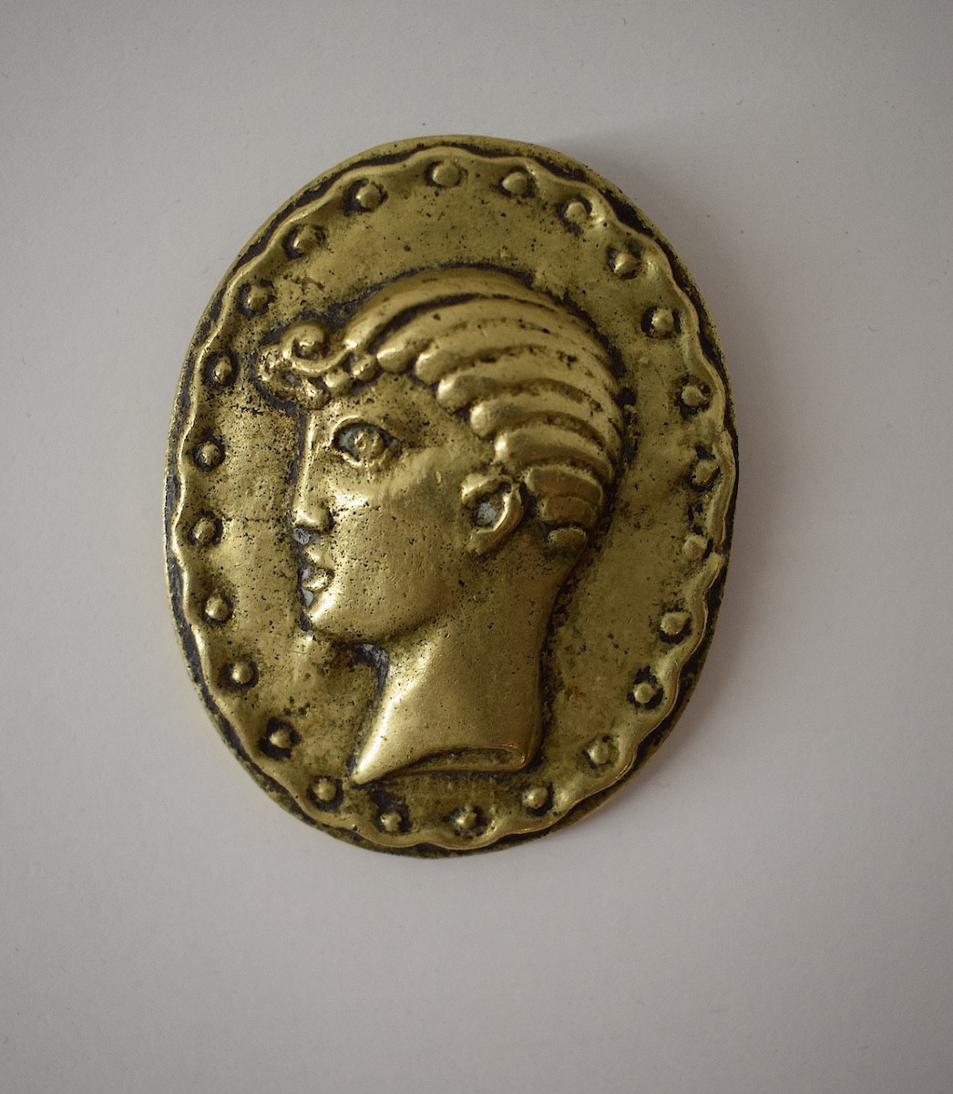 Bronze Medallion Brooch Art Deco  Portrait Of A Man In Profile, Cocteau Style, 1950s Ref1115