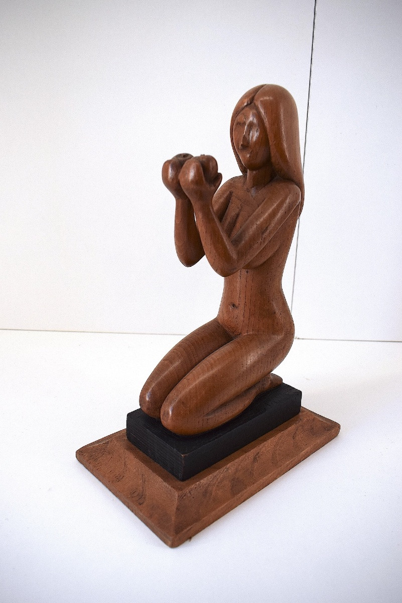 Symbolist Sculpture Nude Woman Or Eve With Two Apples Carved Wood Circa 1950 Ref1119-photo-1