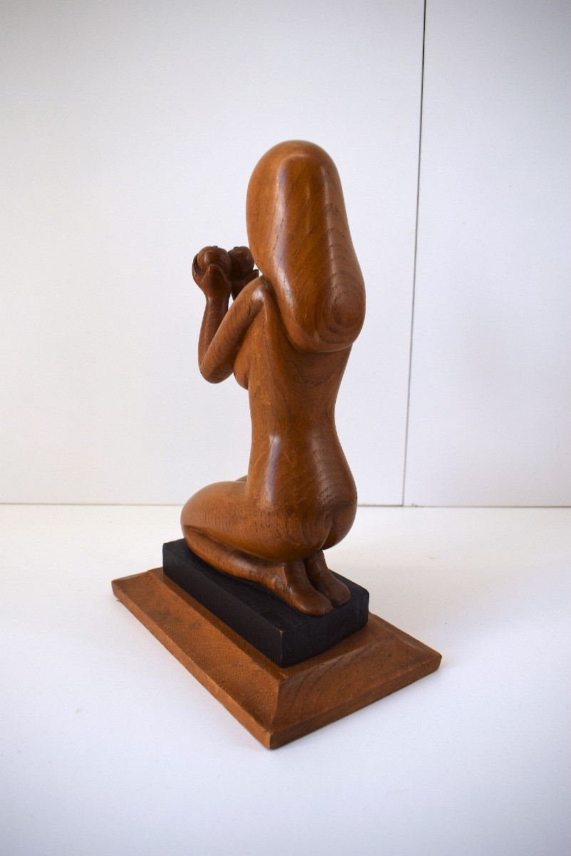 Symbolist Sculpture Nude Woman Or Eve With Two Apples Carved Wood Circa 1950 Ref1119-photo-2