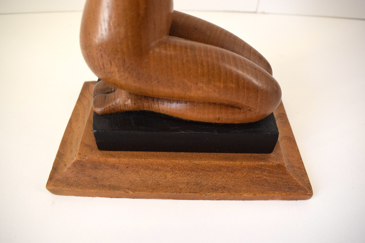 Symbolist Sculpture Nude Woman Or Eve With Two Apples Carved Wood Circa 1950 Ref1119-photo-5