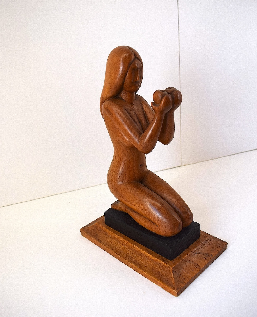 Symbolist Sculpture Nude Woman Or Eve With Two Apples Carved Wood Circa 1950 Ref1119
