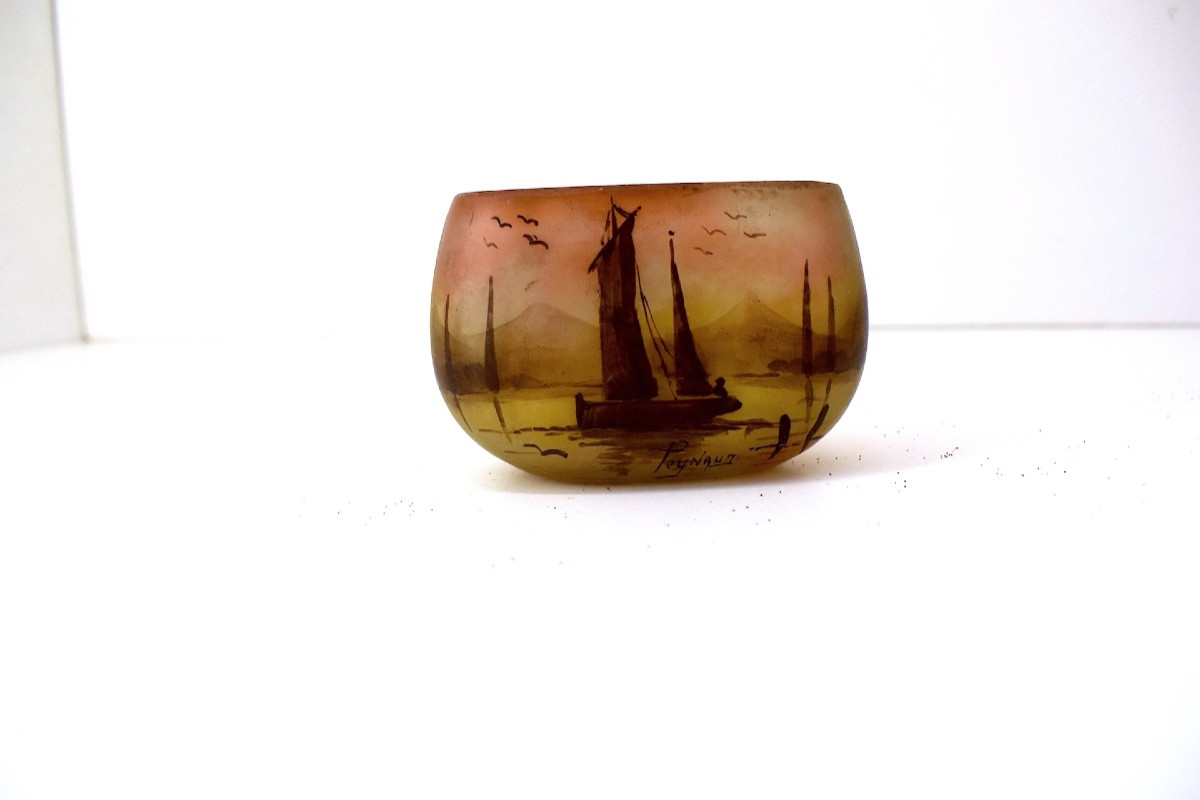 Jean-simon Peynaud Miniature Art Nouveau Vase Painted Glass Marine Lake Scene Ref1123 -photo-2