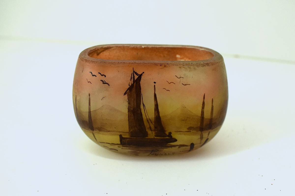 Jean-simon Peynaud Miniature Art Nouveau Vase Painted Glass Marine Lake Scene Ref1123 