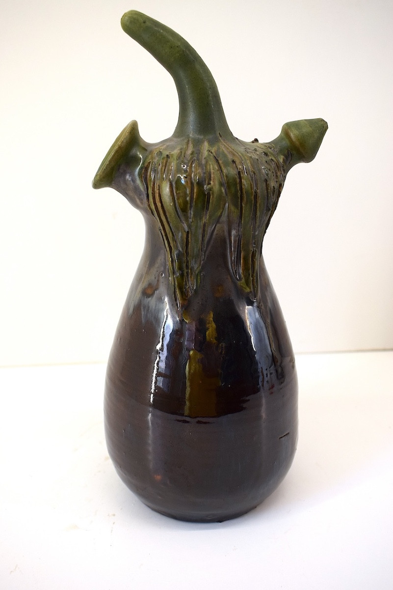 Chevrette Pitcher In Glazed Terracotta, Aubergine Shape, Art Nouveau Style Ref1125