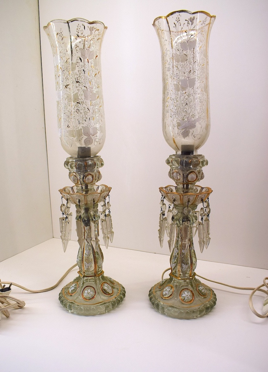 Paire de  bougeoirs chandeliers  photophore verre émaillé monté en lampe ref 1131-photo-2