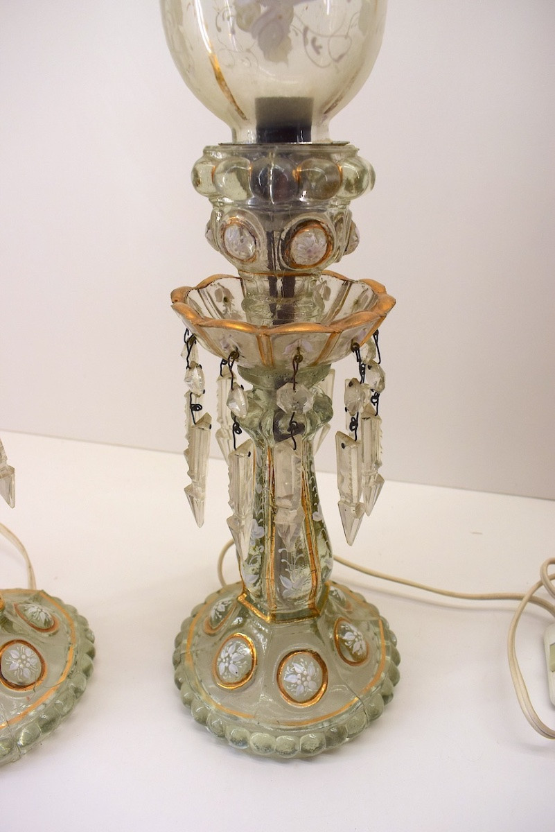 Paire de  bougeoirs chandeliers  photophore verre émaillé monté en lampe ref 1131-photo-1