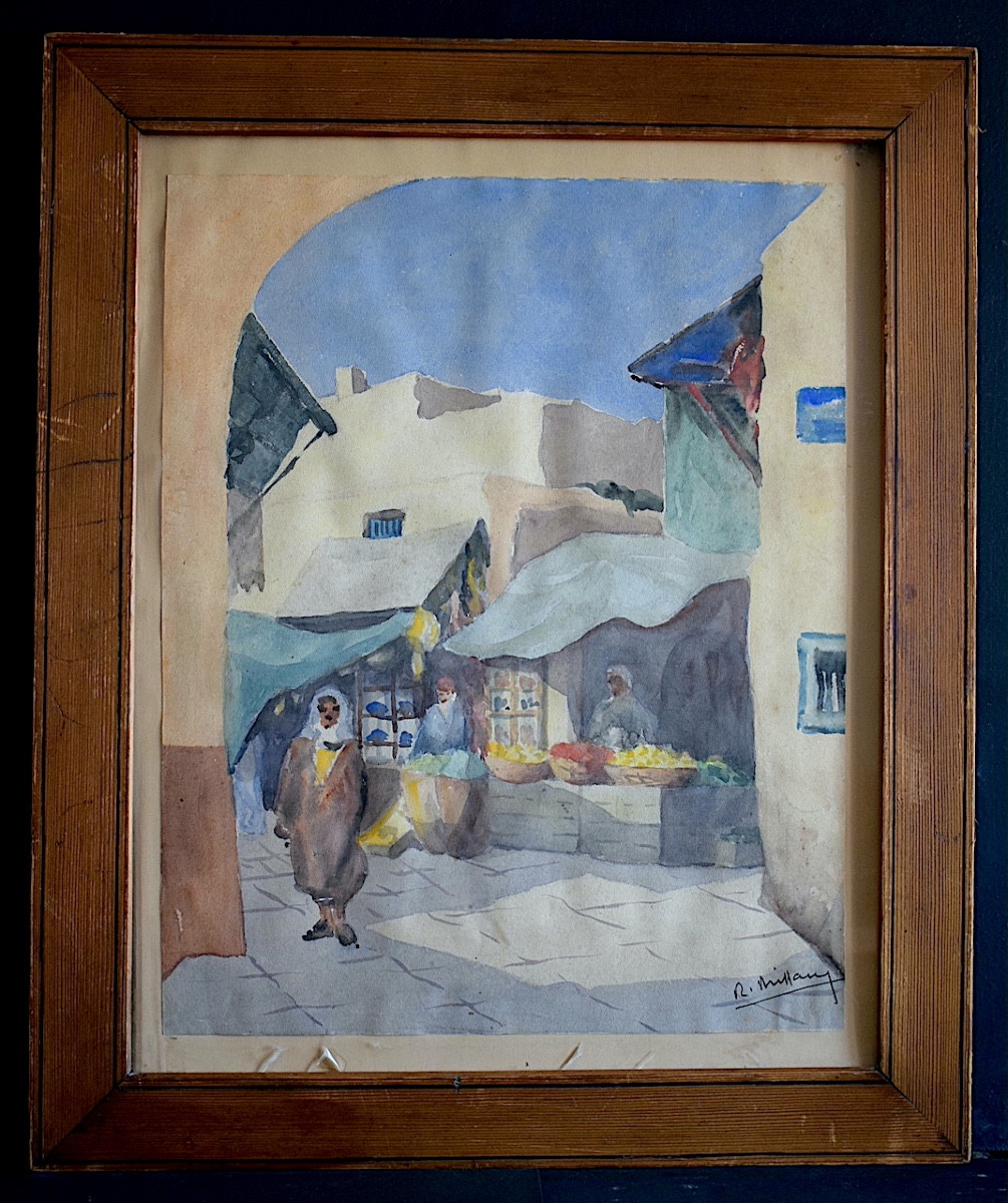 Aquarelle orientaliste scène de marché signé à identifier XIXème siècle RT1323-photo-6