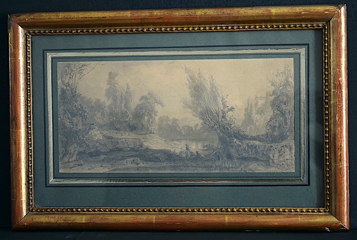 Henri Baron 19th Century French School Romantic Drawing Animated Landscape Gallant Scene Rt1340
