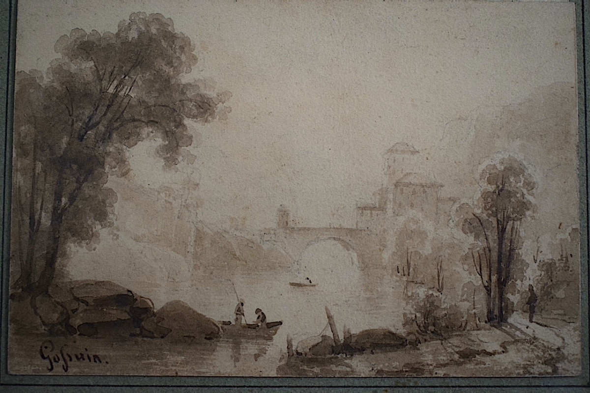 Dessin Lavis signé à identifier paysage  animé pont barques pêcheurs XIX ème siècle  RT1344-photo-3