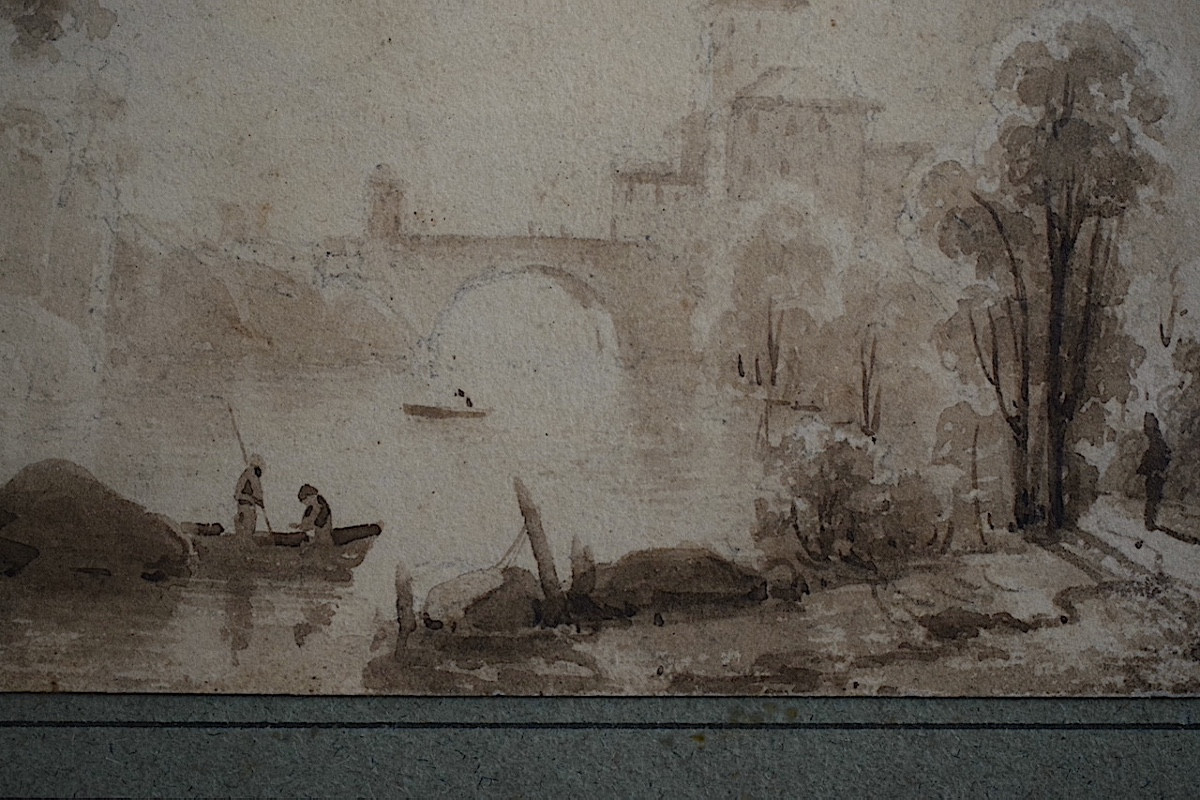 Dessin Lavis signé à identifier paysage  animé pont barques pêcheurs XIX ème siècle  RT1344-photo-4