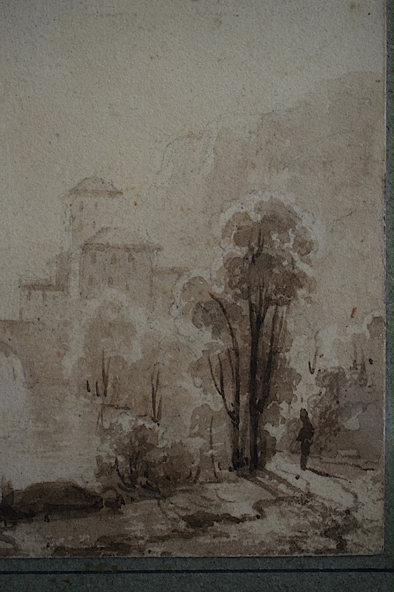 Dessin Lavis signé à identifier paysage  animé pont barques pêcheurs XIX ème siècle  RT1344-photo-2
